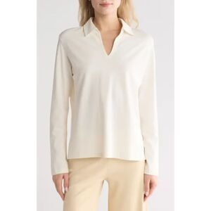 Theory Spread Collar Cotton Blend Popover Top in Cream Size Medium